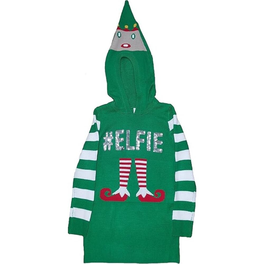 NWT New No Boundaries Juniors Medium Green Christmas Elf Sweater Hooded Sweater